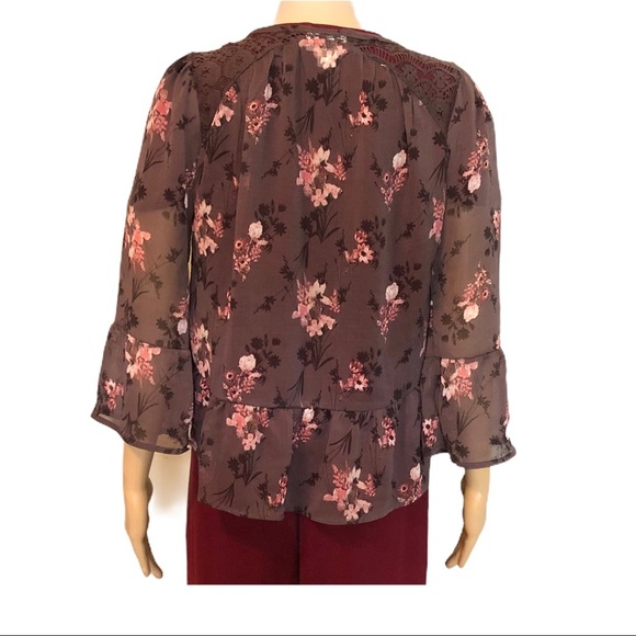 Bell Du Jour Boho Lace Panel Sheer Drop Shoulder Top Brown Floral XS - Picture 6 of 9